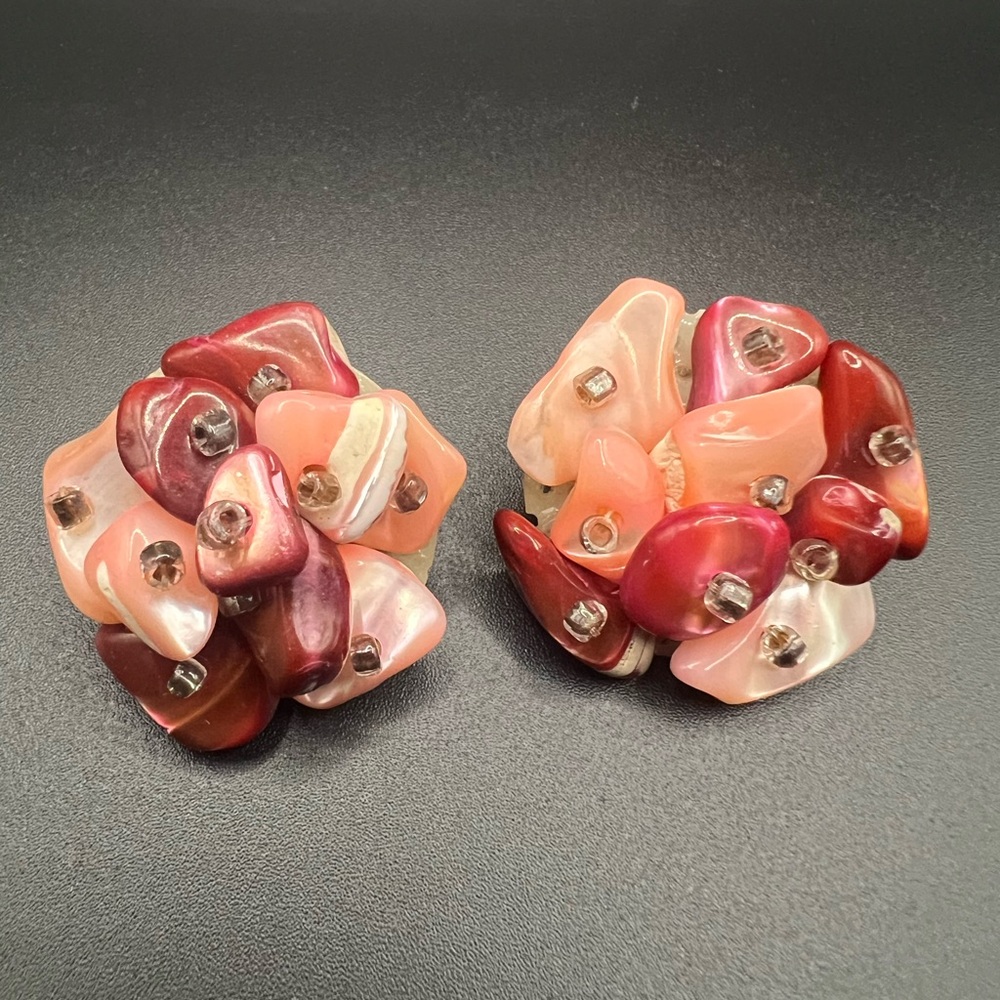 Vintage 50's Colorful Cluster Japan Signed Deco Mother of Pearl Earrings
